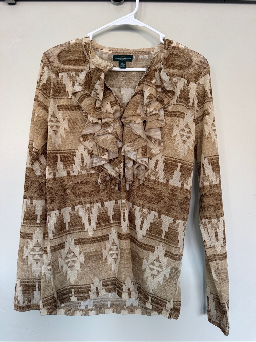 Lauren Ralph Lauren Brown and Cream Geometric Ruffle-Front Long Sleeve Top